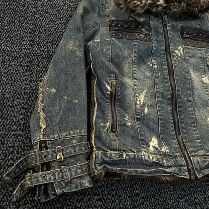 In The Attic Mud Washed Denim Fur Jacket