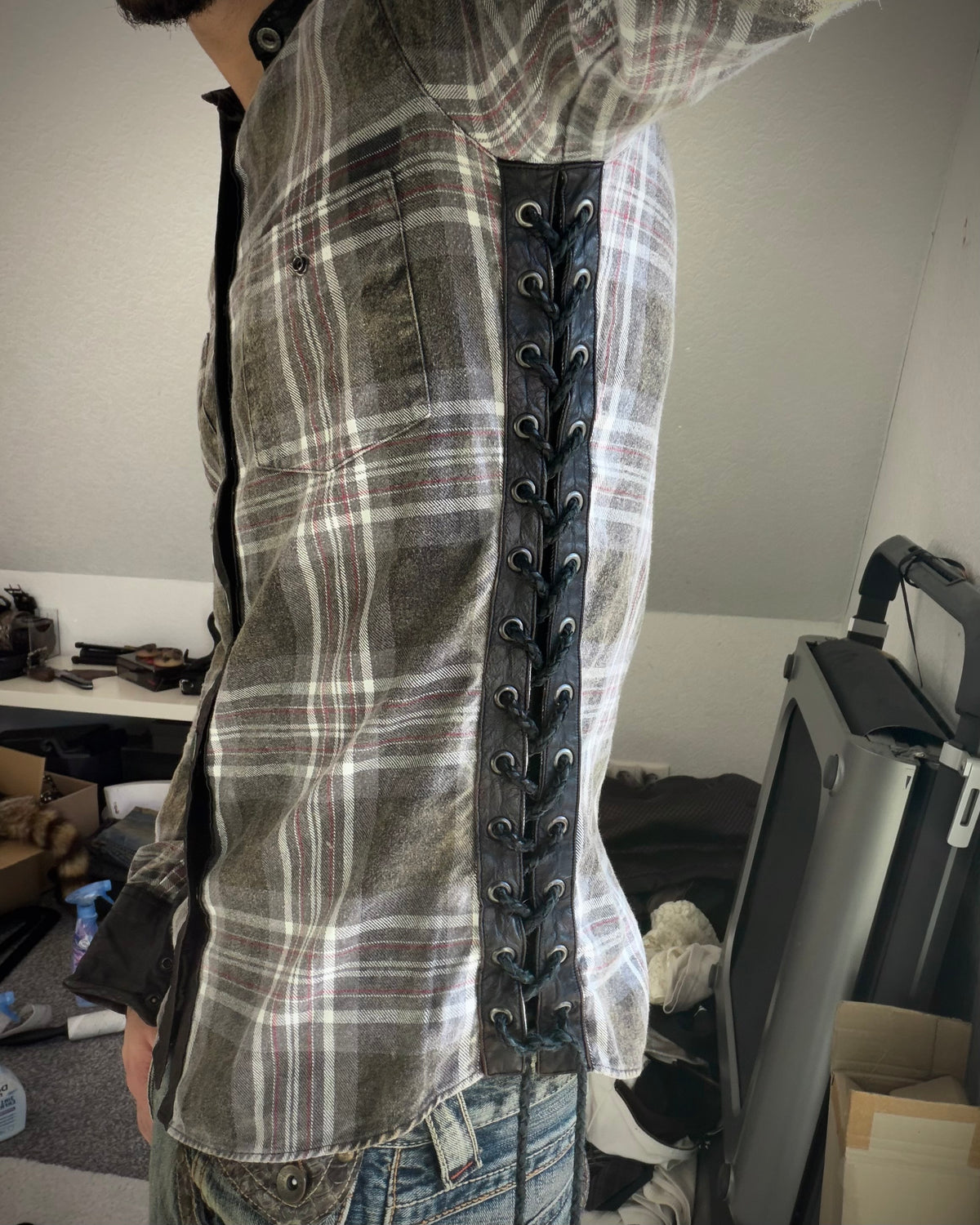 Back Bone Leather Lace-Up Tartan Shirt