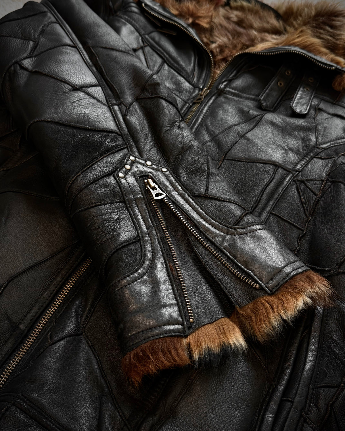 Vie Hommes Full Mouton Fur Interior Leather Patchwork Jacket