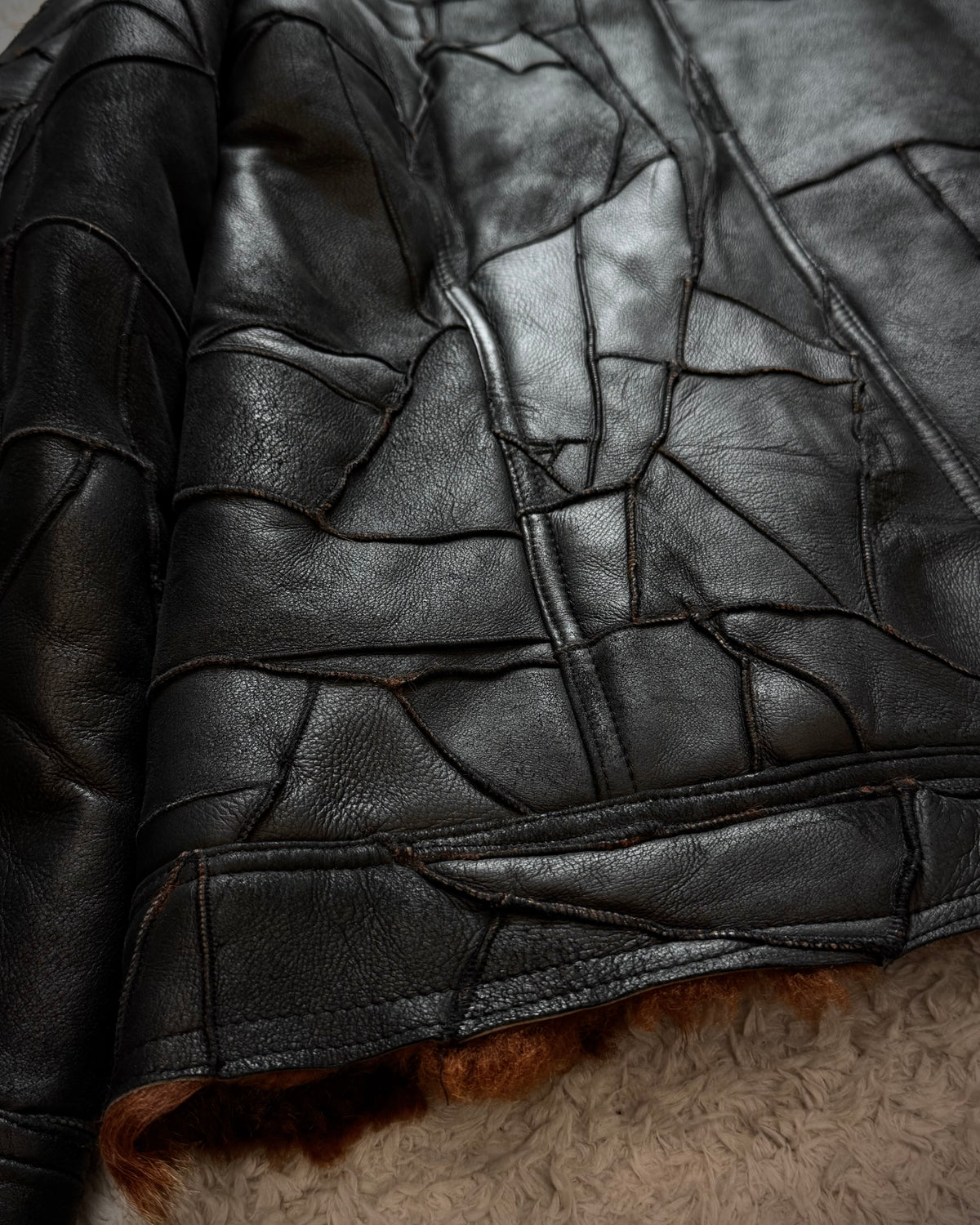 Vie Hommes Full Mouton Fur Interior Leather Patchwork Jacket