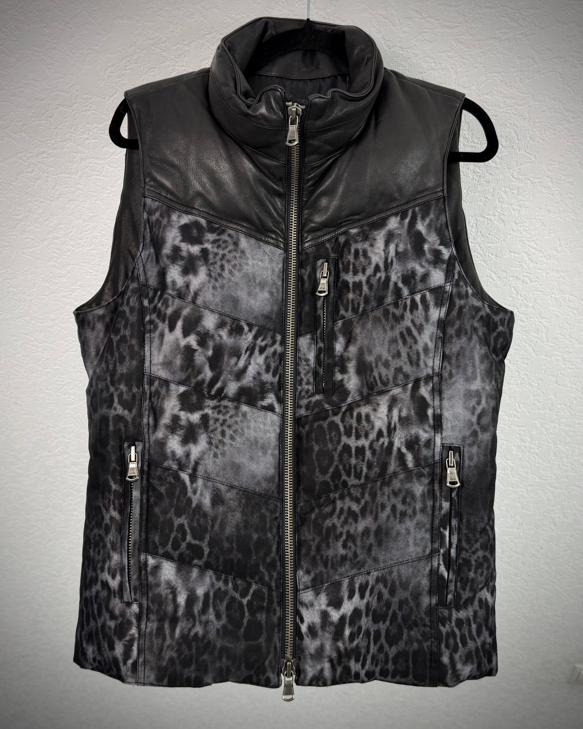 Shellac Leopard Pattern Leather Puffer Vest
