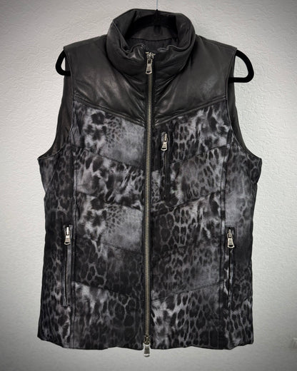 Shellac Leopard Pattern Leather Puffer Vest