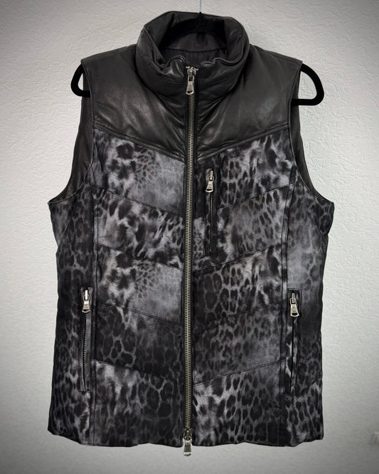 Shellac Leopard Pattern Leather Puffer Vest
