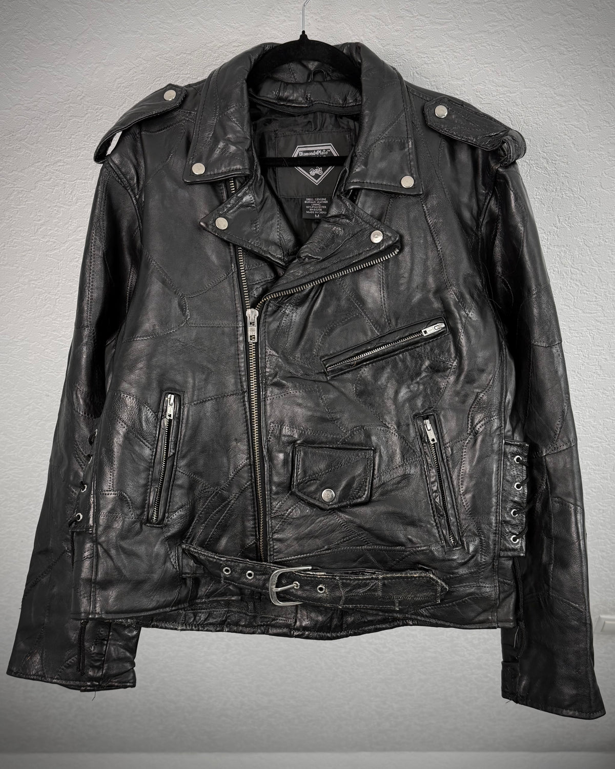 DiamondPlate Patchwork Lace Up Leather Biker Jacket