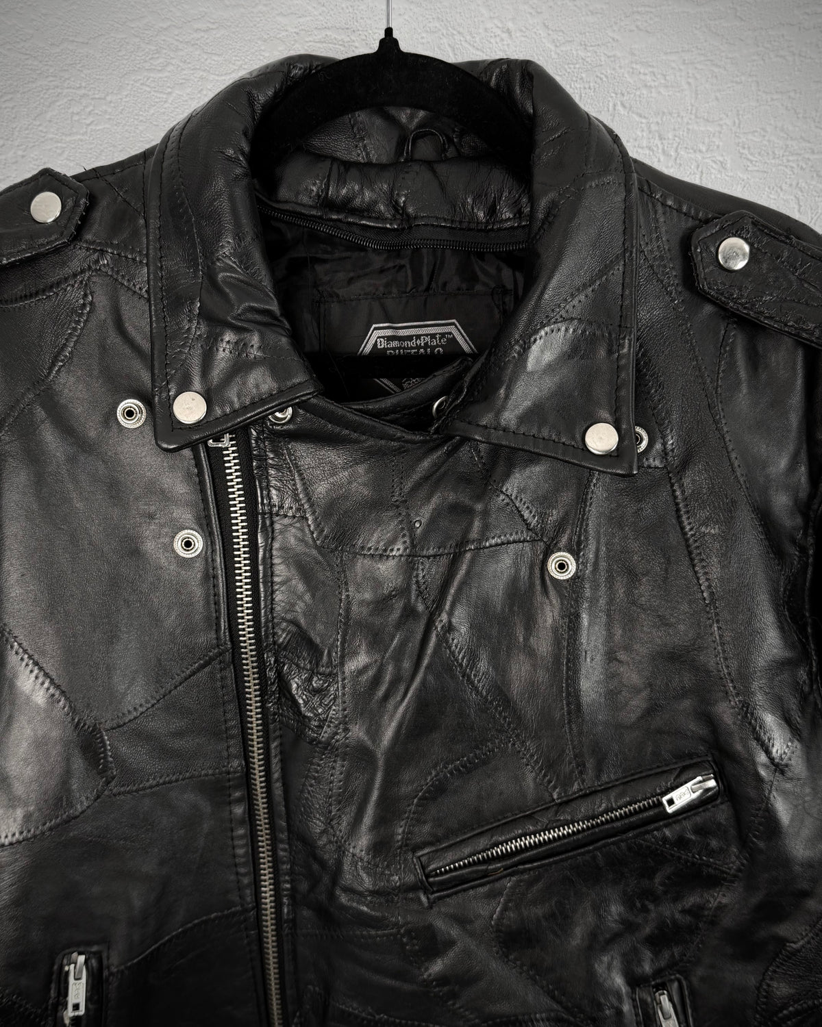 DiamondPlate Patchwork Lace Up Leather Biker Jacket