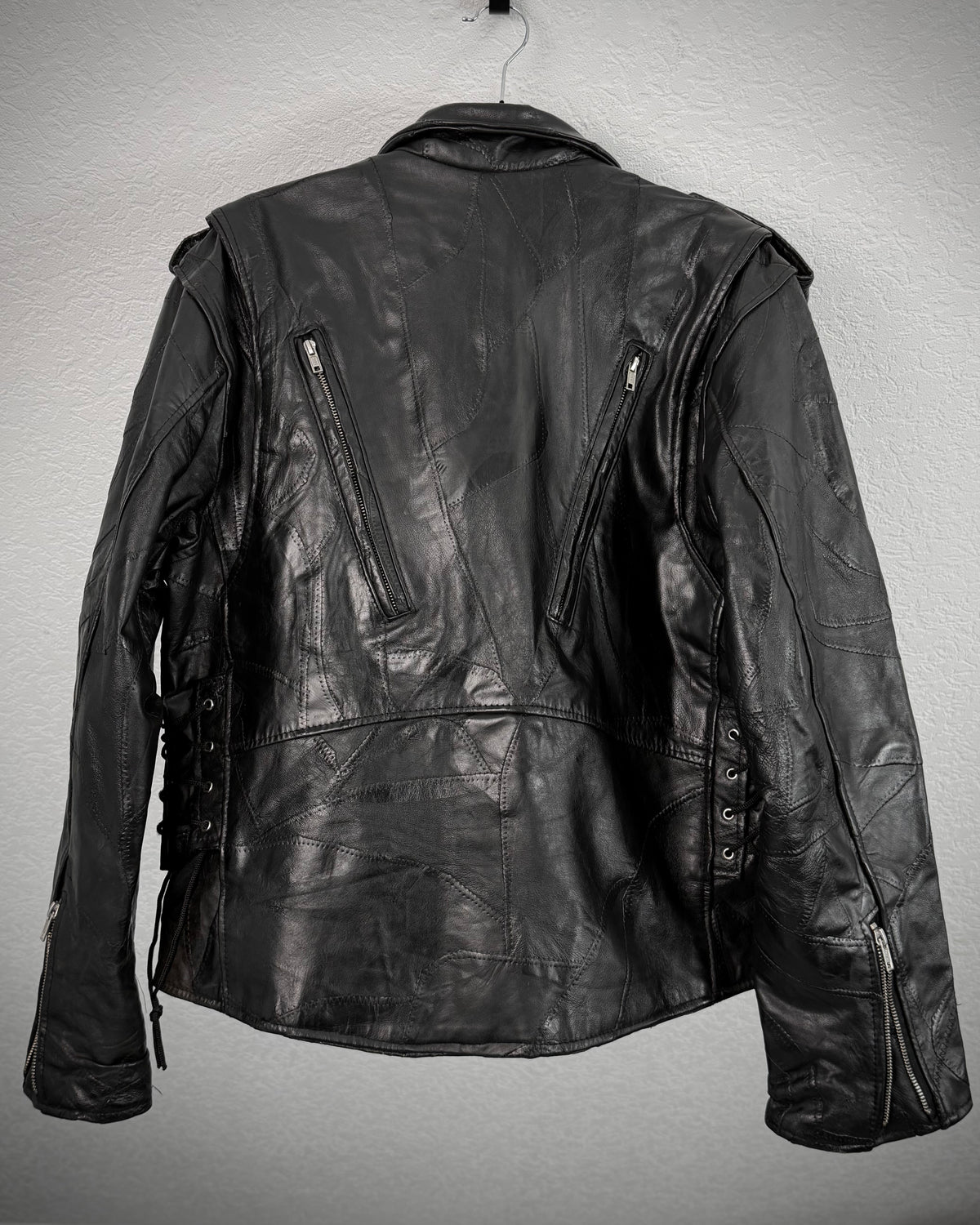 DiamondPlate Patchwork Lace Up Leather Biker Jacket