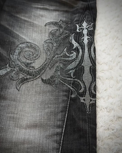 Midas Metallic Tribal Embroidery Spiral Flared Jeans