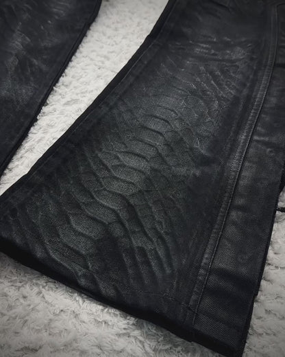 Tornado Mart Oil Coated Python Pattern Lace Up Flared Jeans